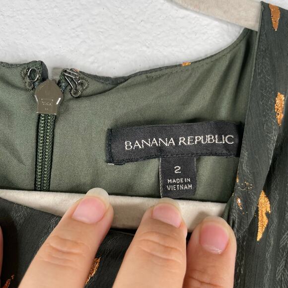 Banana Republic Olive Green Gold lined Short Dress Sheer Sleeves size 2 Evening - Picture 9 of 13